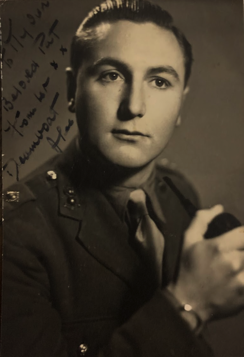 Alec Frank MacKelden in British Army officer's uniform holding a pipe, signed portrait inscribed to his beloved parents, c. 1943
