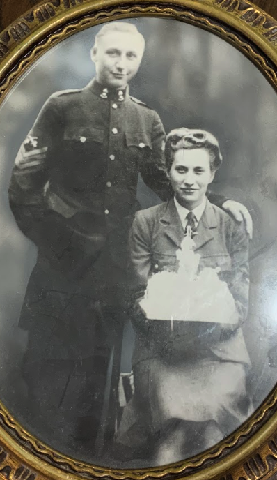 Alec MacKelden and Patricia ('Pat') Snowdon on their wedding day, St. Peter's Church, Redcar, Yorkshire, 20 June 1942