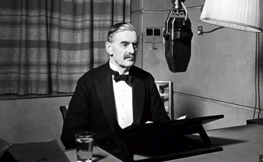 Prime Minister Neville Chamberlain at the BBC microphone announcing Britain's declaration of war on Germany, 3 September 1939